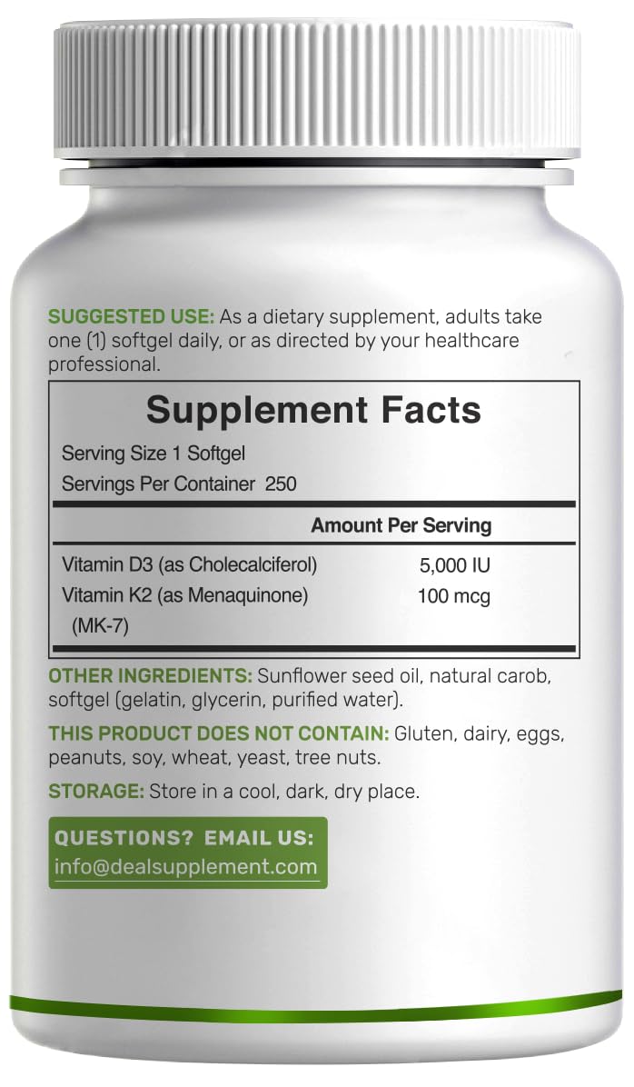Vitamin D3 5000 IU + K2 MK7 Softgels – 2-in-1 Complex (250 Count) | Heart, Bone & Immune Support