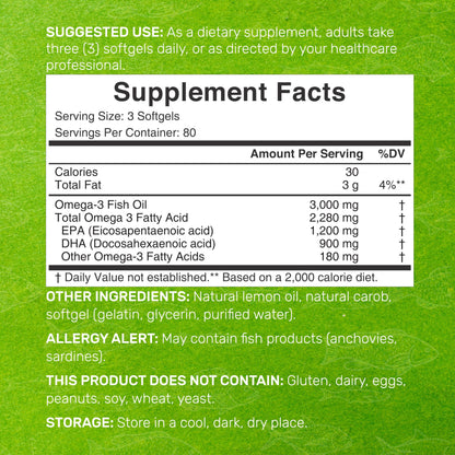 DEAL SUPPLEMENT Omega 3 Fish Oil – 3,000 mg per Serving, 240 Softgels, Burpless Lemon