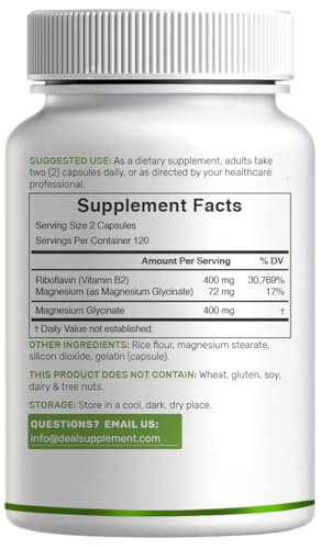 DEAL SUPPLEMENT Vitamin B2 400mg Riboflavin with Magnesium Glycinate 400mg – 240 Capsules