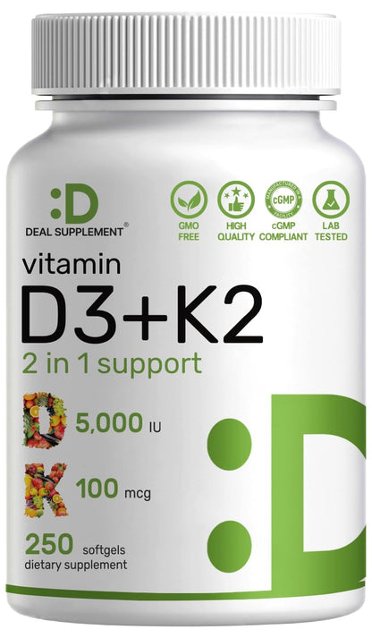 Vitamin D3 5000 IU + K2 MK7 Softgels – 2-in-1 Complex (250 Count) | Heart, Bone & Immune Support