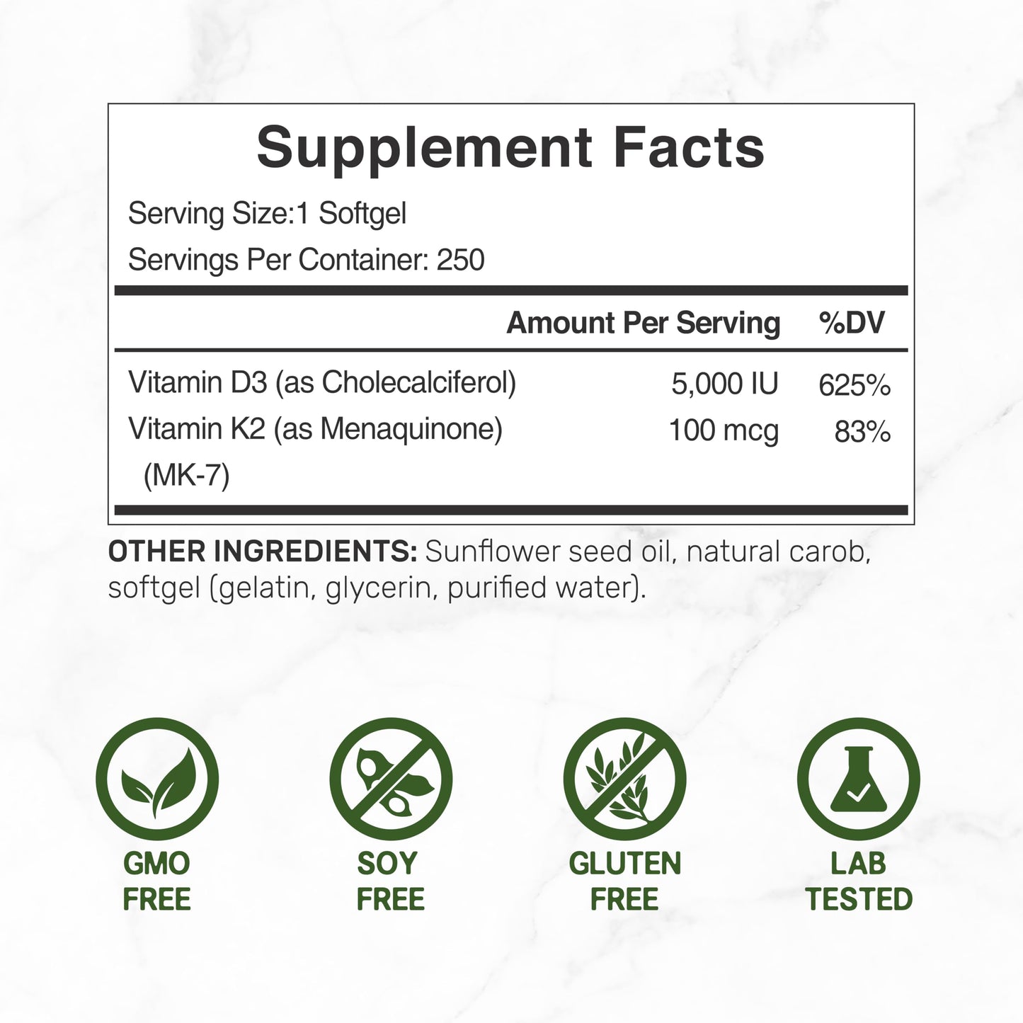 Vitamin D3 5000 IU + K2 MK7 Softgels – 2-in-1 Complex (250 Count) | Heart, Bone & Immune Support