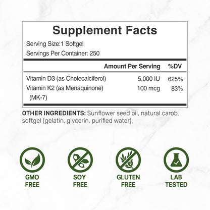 Vitamin D3 5000 IU + K2 MK7 Softgels – 2-in-1 Complex (250 Count) | Heart, Bone & Immune Support