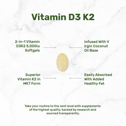 Vitamin D3 5000 IU + K2 MK7 Softgels — 2-in-1 Coconut Carrier | Heart, Bones & Immune Support