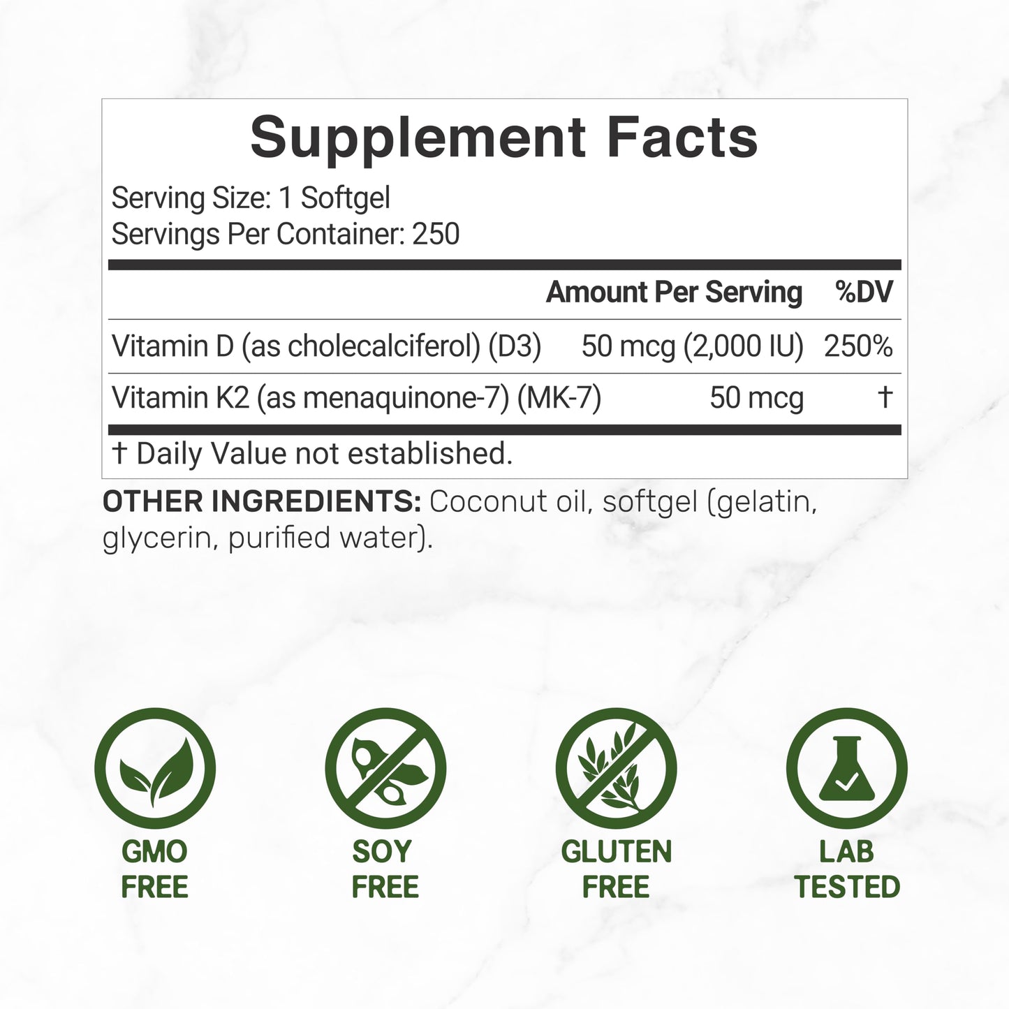 DEAL SUPPLEMENT Vitamin D3 2000 IU + K2 MK7 50mcg Softgels – 2-in-1 Coconut Carrier for Heart, Bone, Teeth & Immune Health
