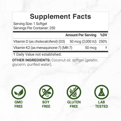 DEAL SUPPLEMENT Vitamin D3 2000 IU + K2 MK7 50mcg Softgels – 2-in-1 Coconut Carrier for Heart, Bone, Teeth & Immune Health