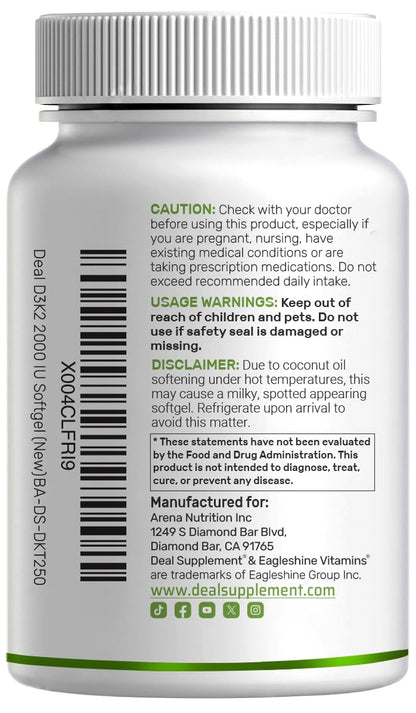 DEAL SUPPLEMENT Vitamin D3 2000 IU + K2 MK7 50mcg Softgels – 2-in-1 Coconut Carrier for Heart, Bone, Teeth & Immune Health