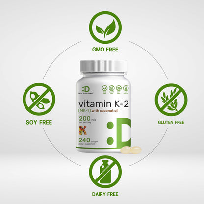 DEAL SUPPLEMENT Vitamin K2 MK-7 200mcg Per Serving, 240 Coconut Oil Softgels | Easily Absorbed Menaquinone-7 Form | Bone, Joint, & Immune Support – Non-GMO