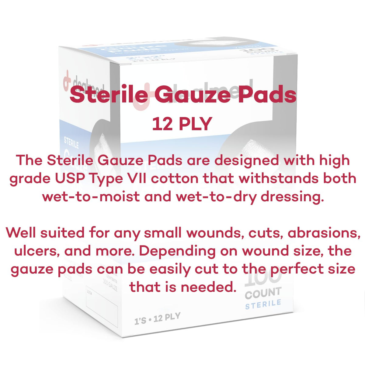 Dealmed 3x3 Sterile Gauze Pads – 100 Count, Individually Wrapped (Case of 24)