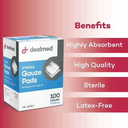 Dealmed 3x3 Sterile Gauze Pads – 100 Count, Individually Wrapped (Case of 24)