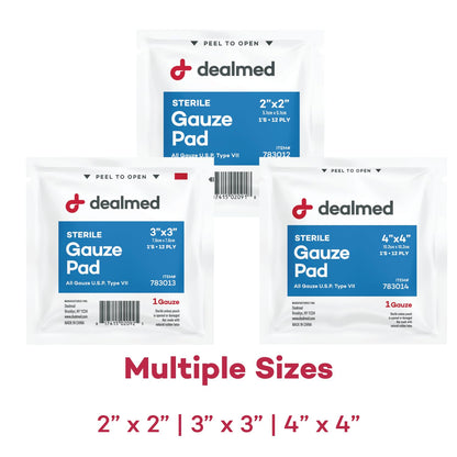 Dealmed 3x3 Sterile Gauze Pads – 100 Count, Individually Wrapped (Case of 24)