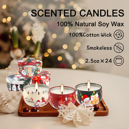24Pack Christmas Scented Candle Tins Gift Set – Soy Wax, Smokeless, 2.5oz