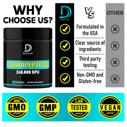 DEDICAD Serrapeptase 240,000 SPU - 150 Capsules (75 Servings) for Breathing, Heart Health & Immunity