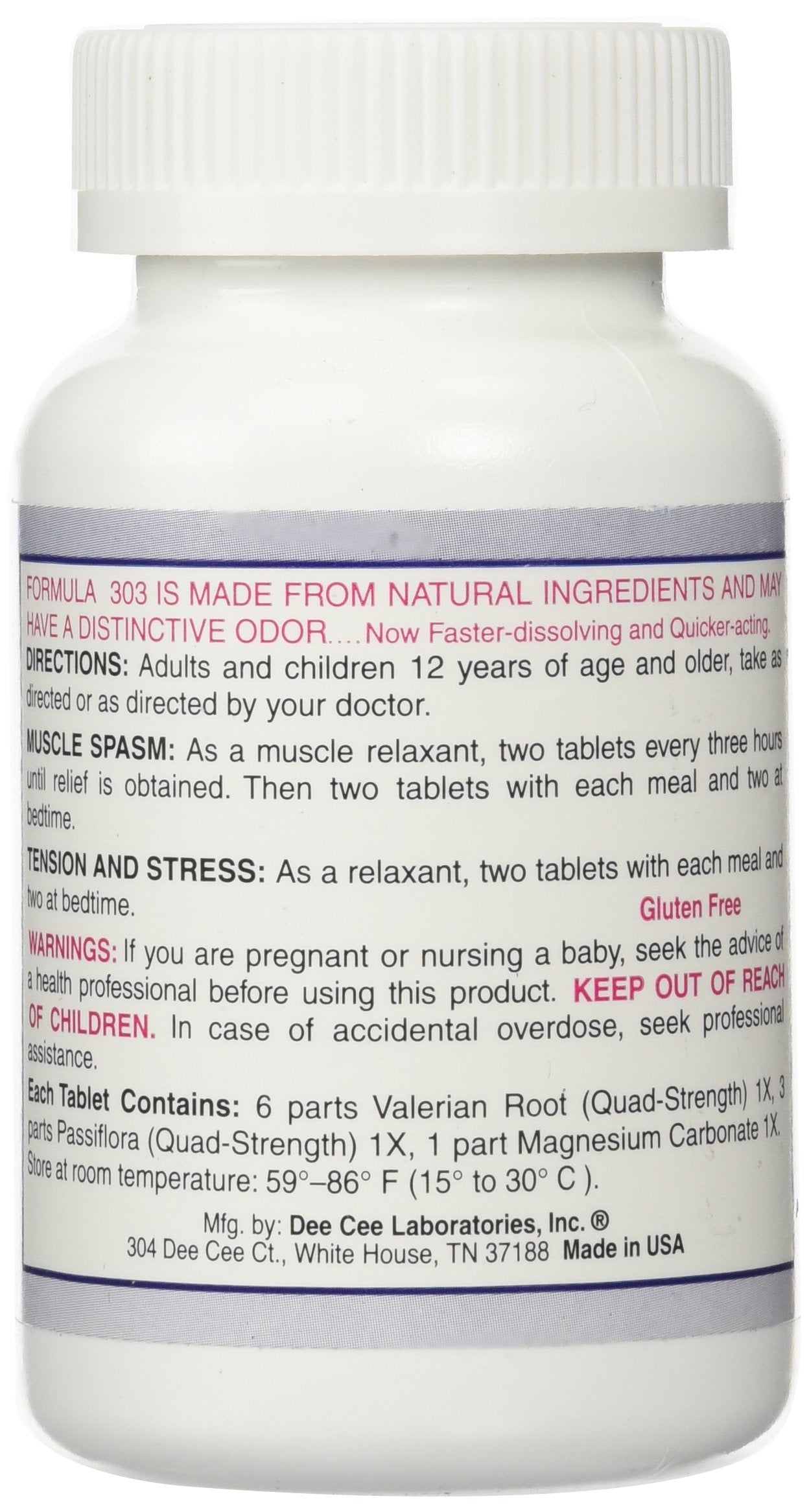 Dee Cee Laboratories Formula 303 Maximum Strength All-Natural Relaxant Tablets (250 Count) – Magnesium, Valerian Root, Passion Flower