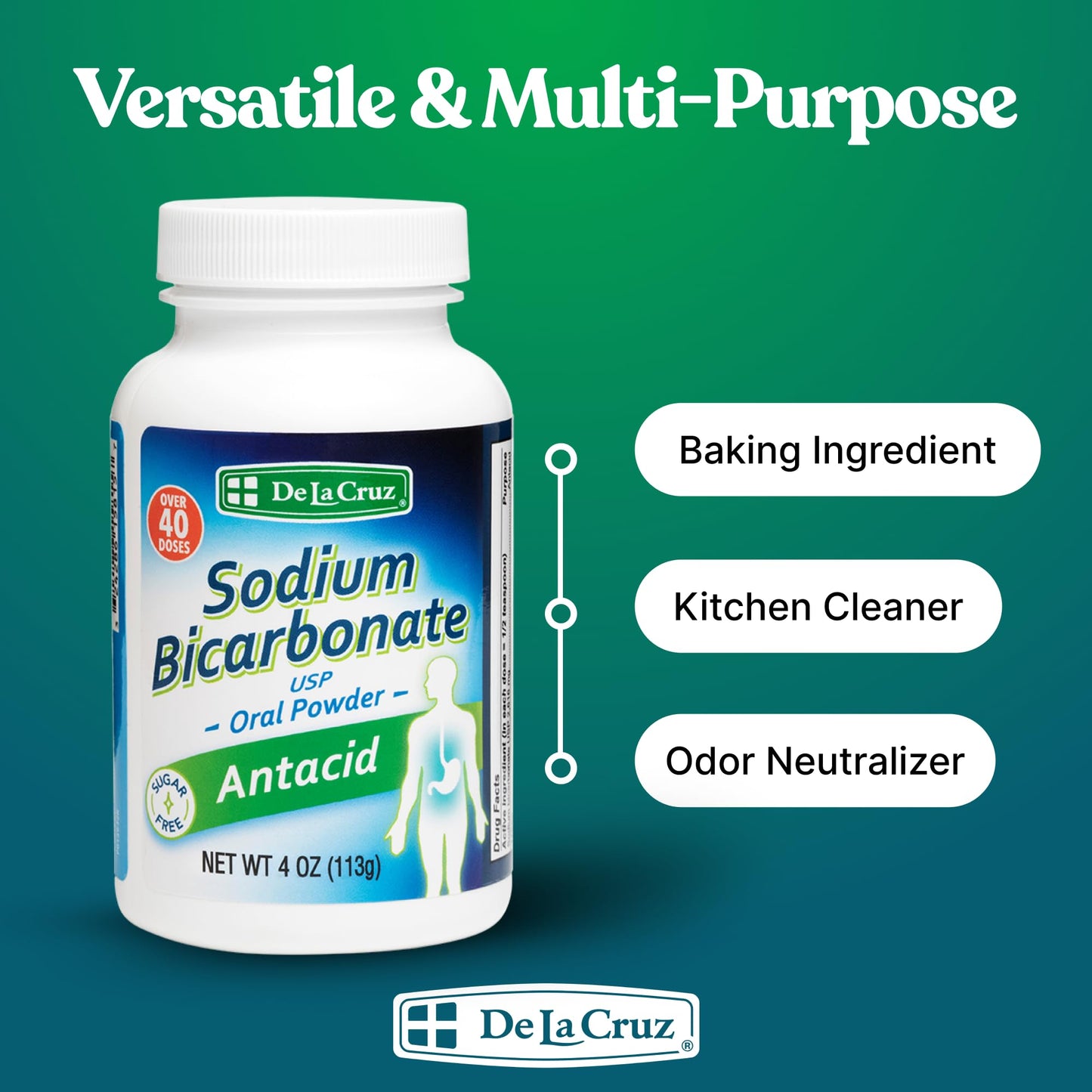 De La Cruz Pure Sodium Bicarbonate Powder – Aluminum-Free Antacid & Baking Soda, USA Packed, 4 oz