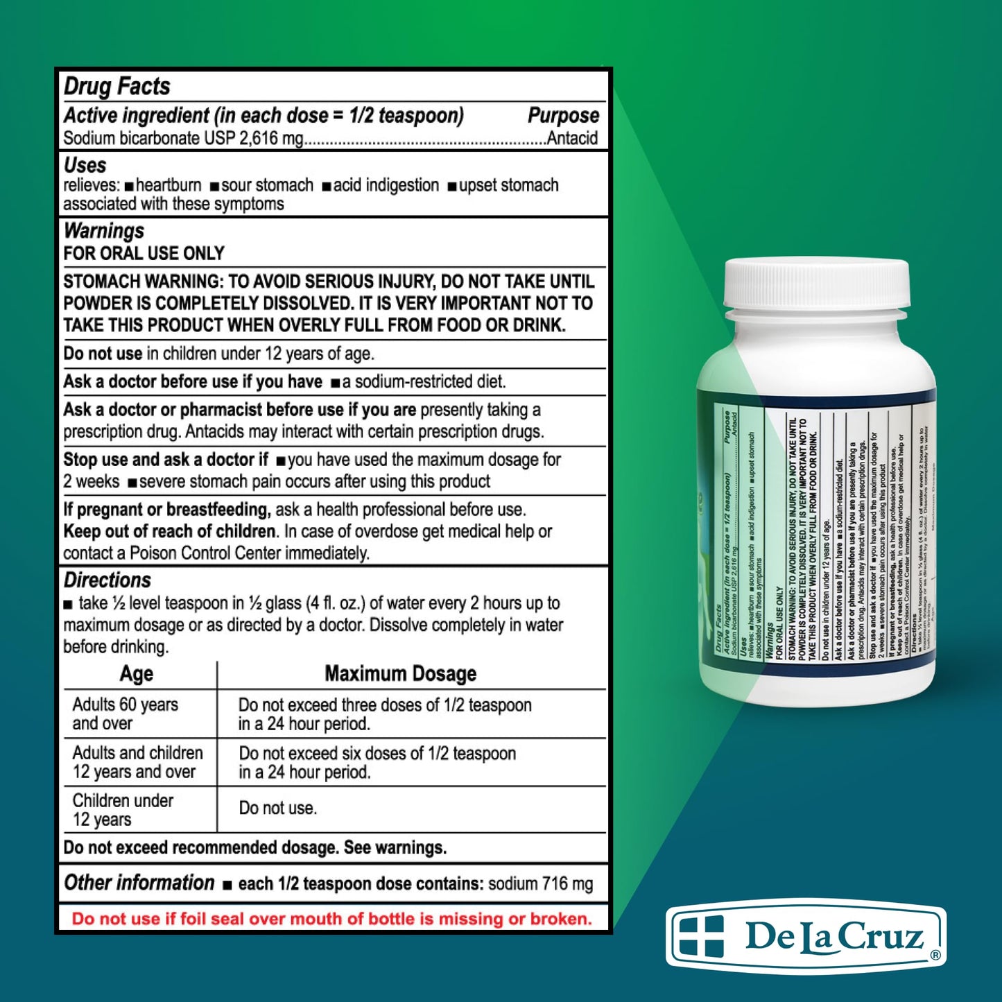 De La Cruz Pure Sodium Bicarbonate Powder – Aluminum-Free Antacid & Baking Soda, USA Packed, 4 oz