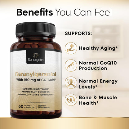 Sunergetic GG-GOLD 150mg Geranylgeraniol – 60 Capsules with DeltaGold Tocotrienols