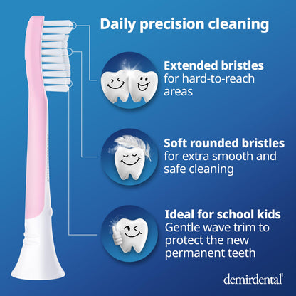 Demirdental Kids Toothbrush Heads for Philips Sonicare Kids - Replacement Heads Sensitive (Ages 7-10) - Pink