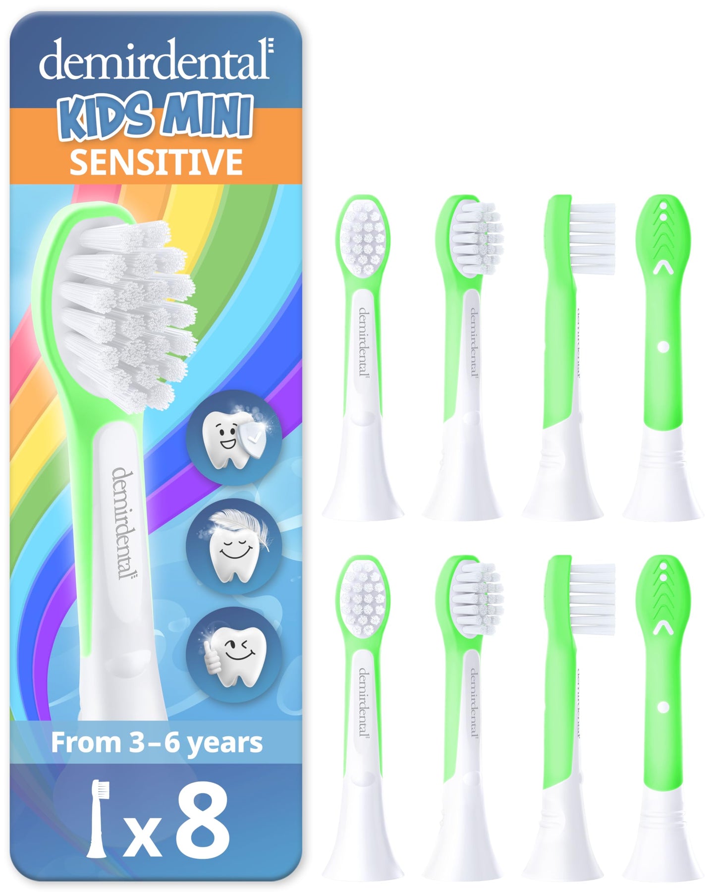 demirdental Kids Mini Toothbrush Heads Compatible with Philips Sonicare Compact Kids Toothbrush Heads - Replacement Heads Sensitive - Brush Heads from Ages 3 to 6 - Green - Replaces HX6038-8 Pack