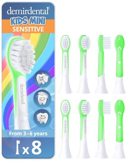 demirdental Kids Mini Toothbrush Heads Compatible with Philips Sonicare Compact Kids Toothbrush Heads - Replacement Heads Sensitive - Brush Heads from Ages 3 to 6 - Green - Replaces HX6038-8 Pack
