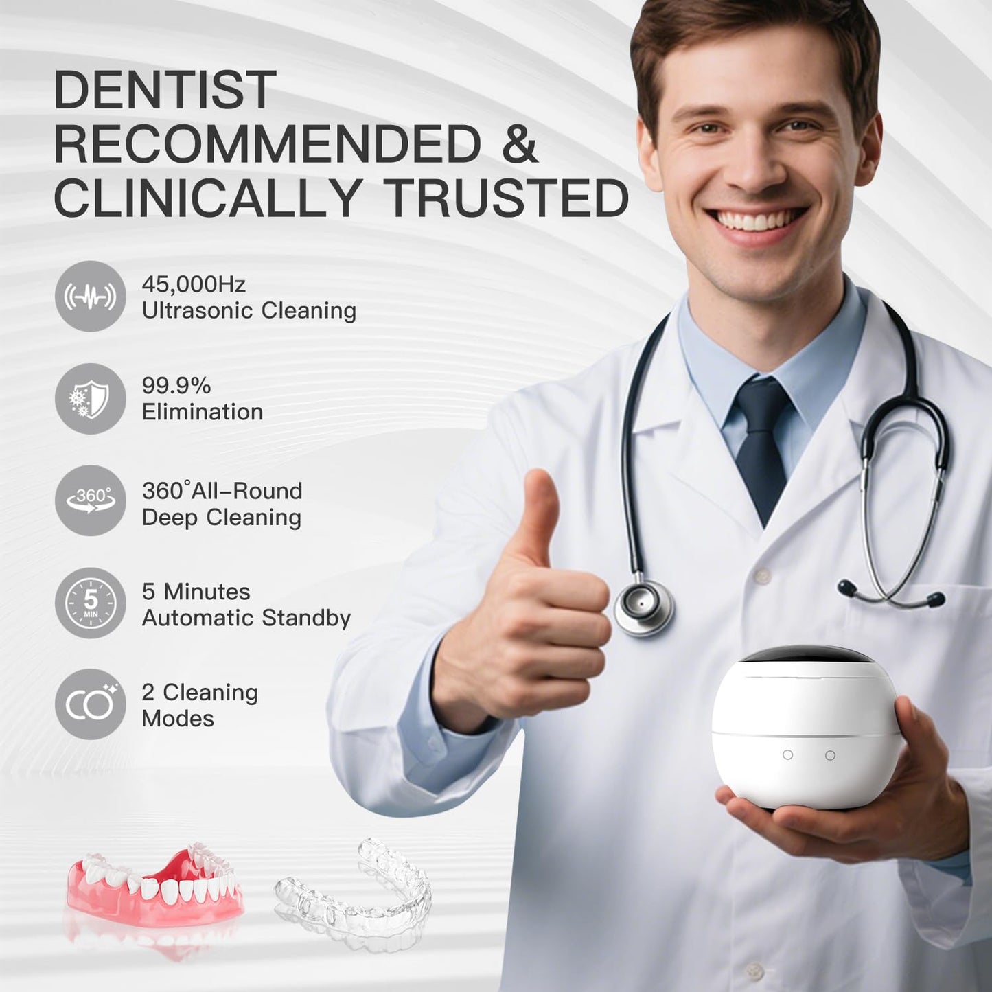Dental Ultrasonic Retainer Cleaner – 45kHz UV Cleaning Pod, 250ml, Dual Mode