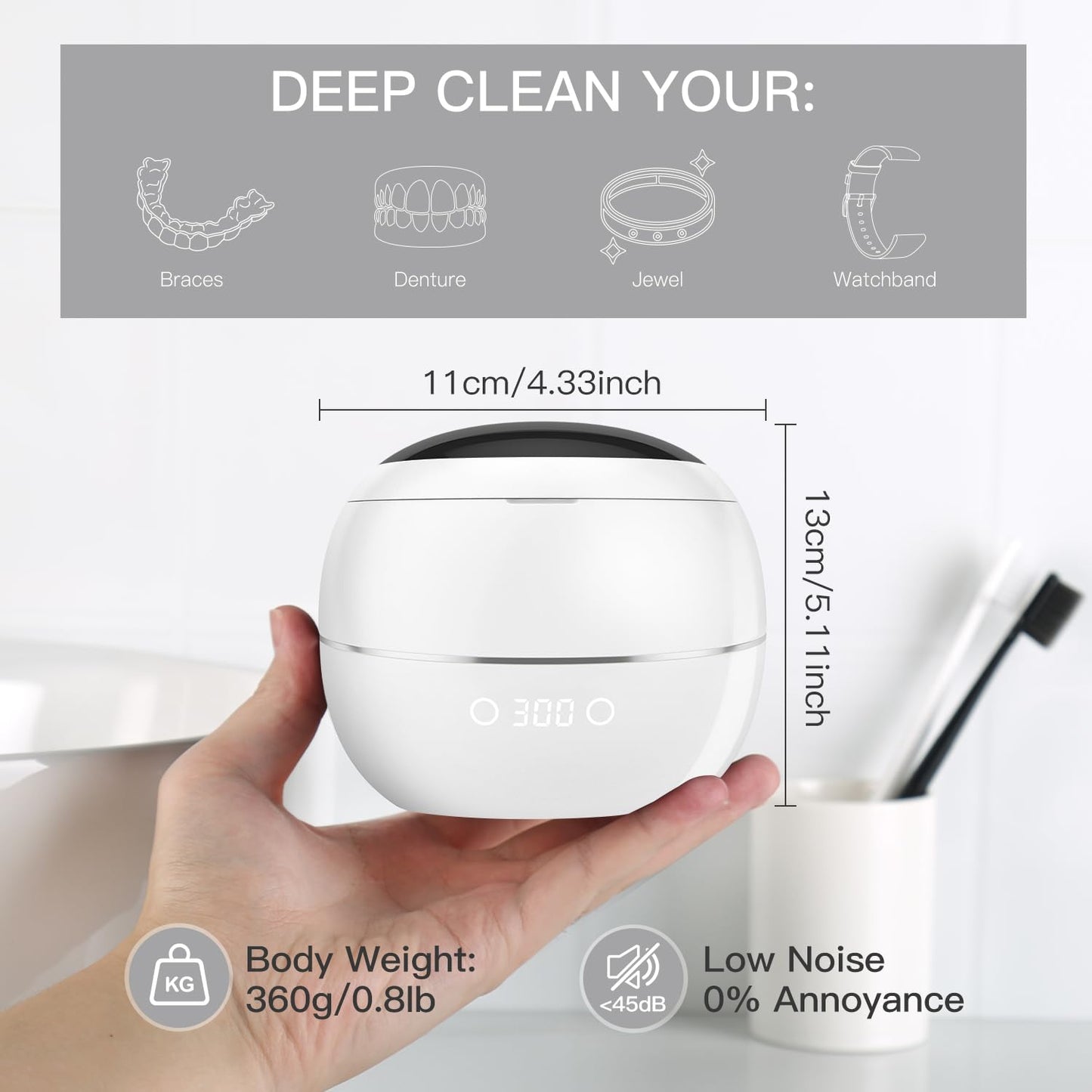 Dental Ultrasonic Retainer Cleaner – 45kHz UV Cleaning Pod, 250ml, Dual Mode