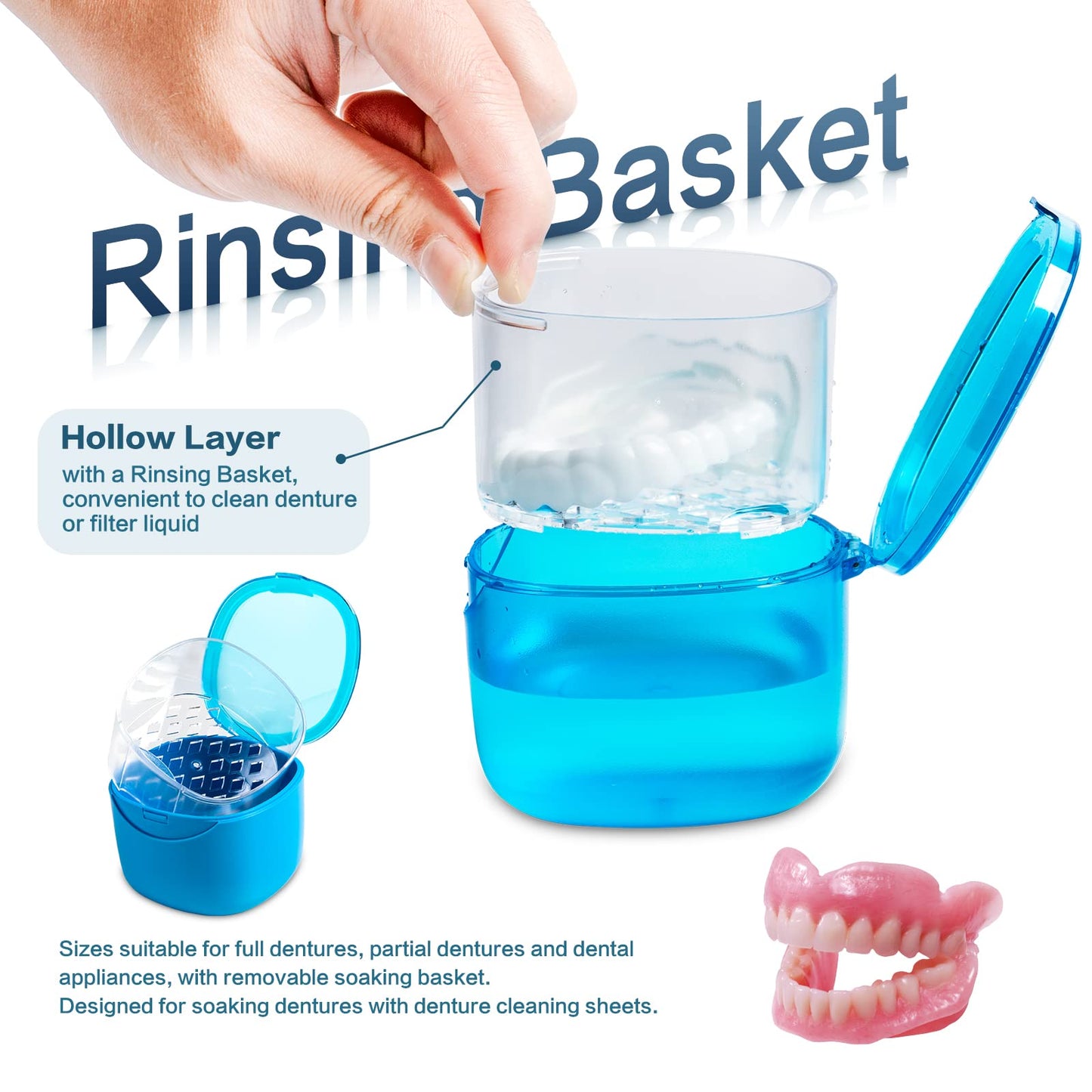 Denture Bath Case - No-Leak Denture Box for Retainers, Mouth Guards & Night Guards (Blue)