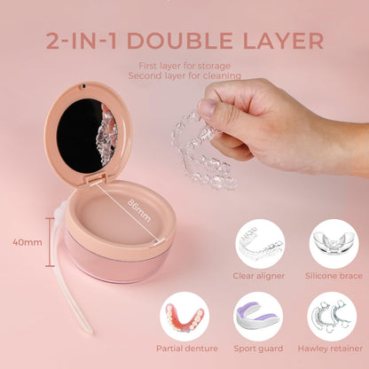 Denture Case – Leak-Proof Denture Bath Cup, Storage & Cleaning Container (Pink)