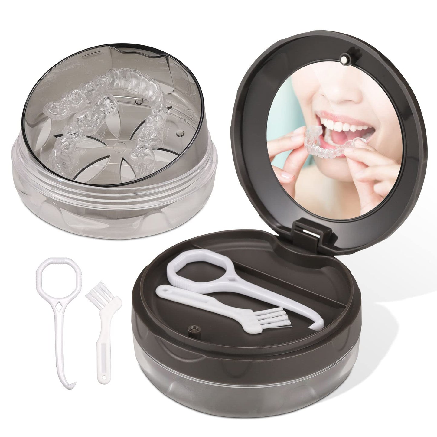 Leak-Proof Denture Case with Mirror - Travel Bath Box Grey