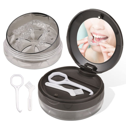 Leak-Proof Denture Case with Mirror - Travel Bath Box Grey