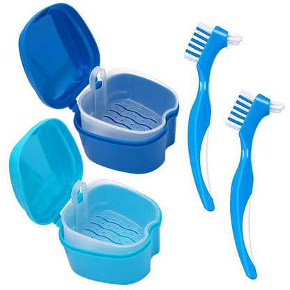 Denture Cleaner Box & Brush Set – 2 Pack Bath Case with Basket (Light & Dark Blue)