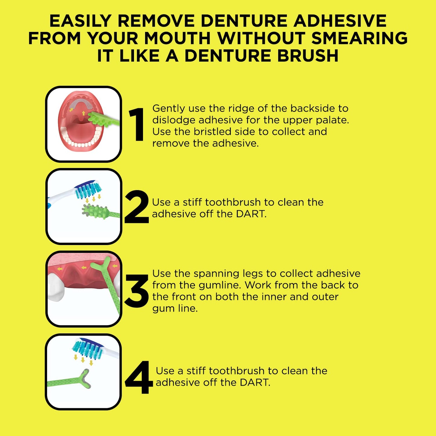 Denture Dart V4 Hard Plastic Denture Brush | Gel Adhesive Remover | Textured Grip