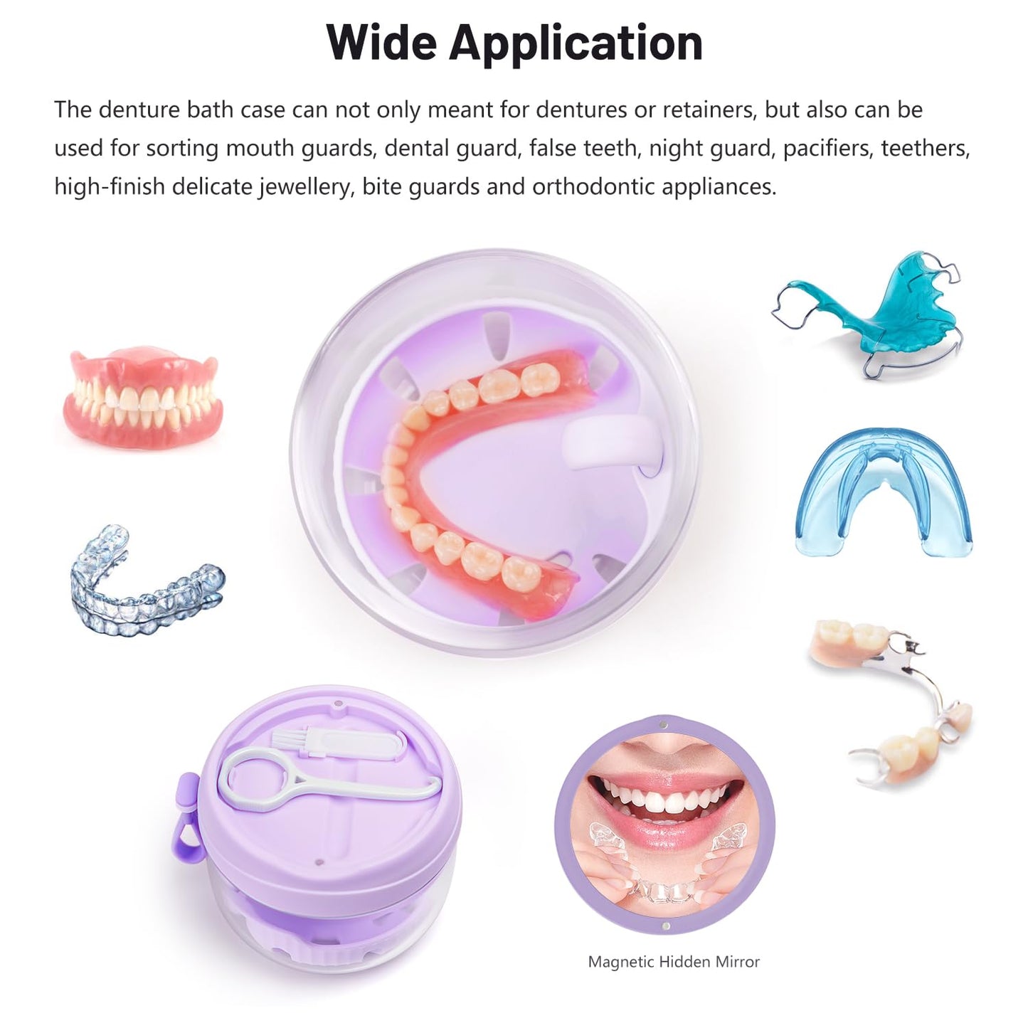 Purple Denture Case with Strainer & Mirror - Leak-Proof Travel Cup