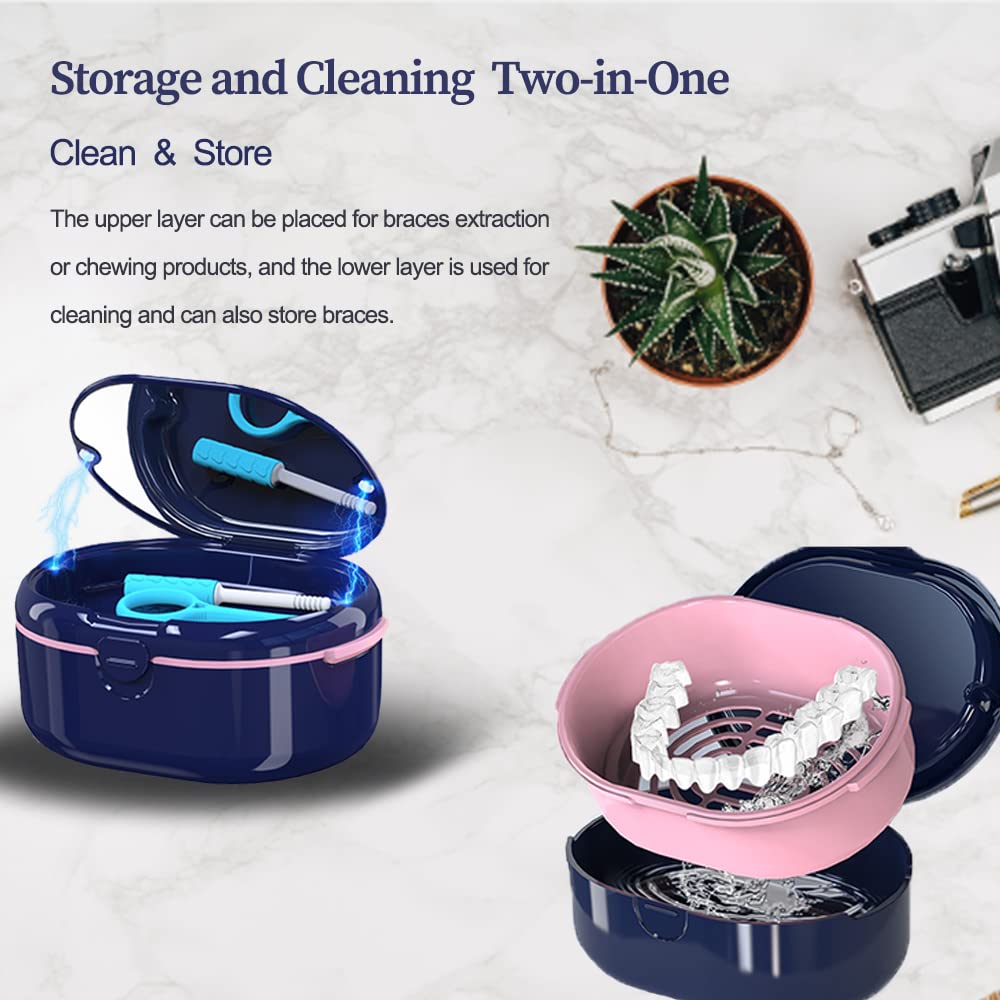 Blue Dentures Case - Double Layer Denture Bath Cup with Lid | Portable