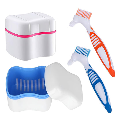 Denture Cleaner Box & Brush Set - 2 Pack, Portable Denture Storage