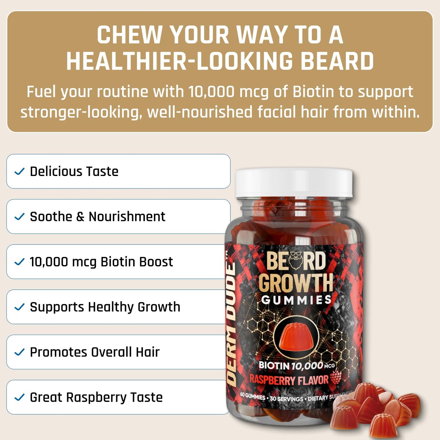 Derm Dude Beard Growth Gummies for Men — Biotin 10,000 mcg | 60 Gummies