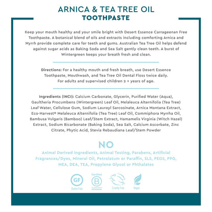 Desert Essence Arnica & Tea Tree Toothpaste – Carrageenan & Fluoride Free, Wintergreen Mint – Vegan, Non-GMO, Gluten-Free – 6.5 oz