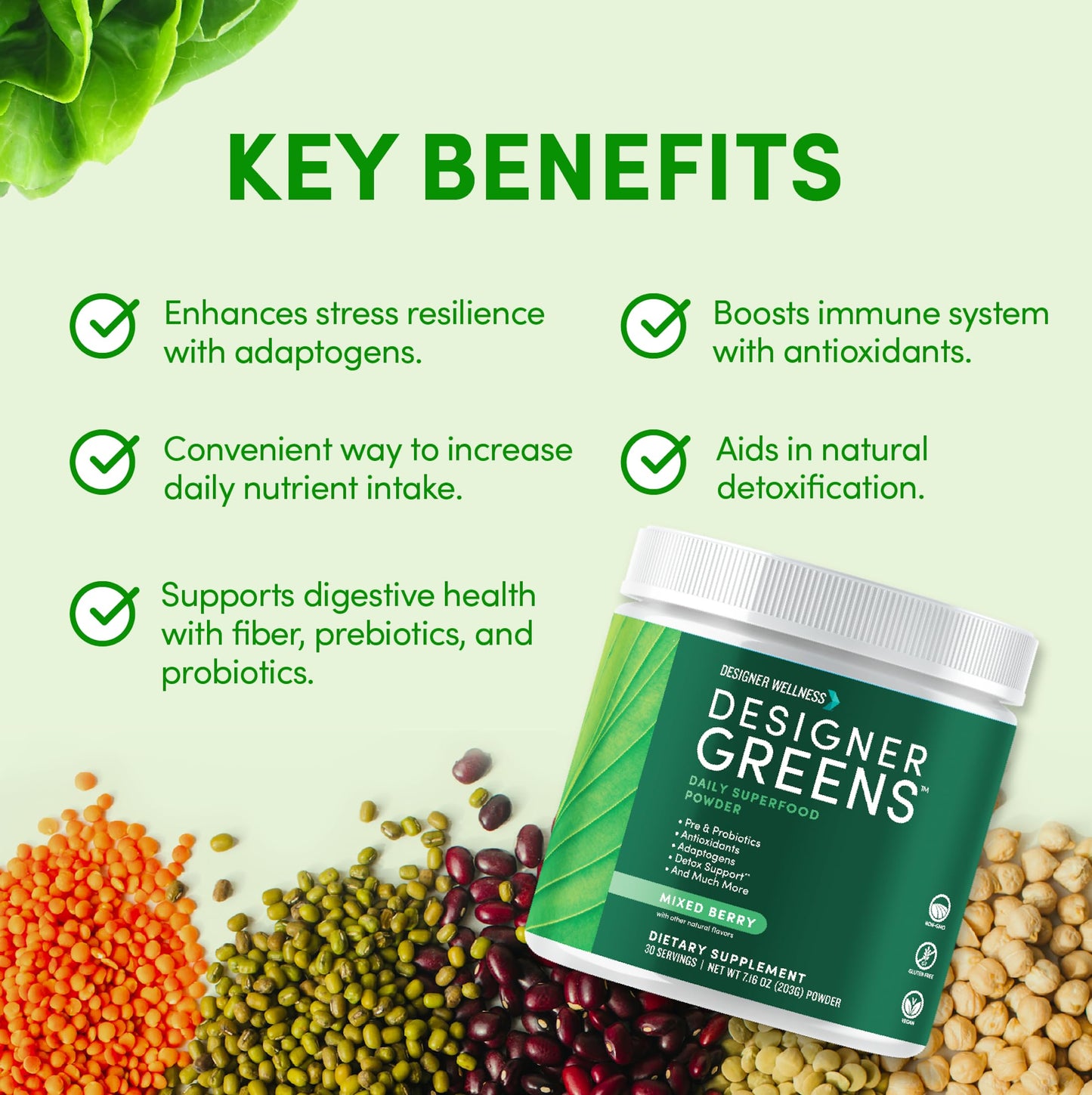 Designer Greens Powder with Prebiotics & Probiotics – 30 Servings | Designer Wellness