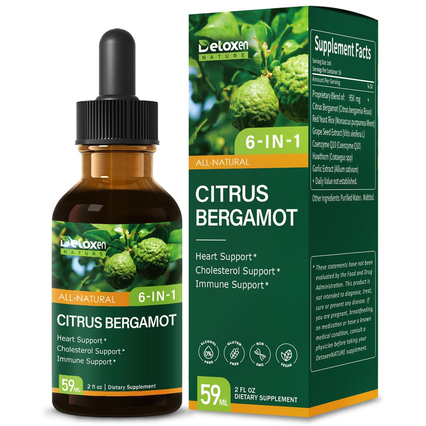 DetoxenNATURE Citrus Bergamot Drops – 6-in-1 Heart & Cholesterol Support, Immune Support, Fast Absorption, 2oz
