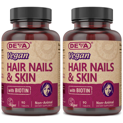 DEVA Vegan Hair, Nails & Skin Supplement - 500 mcg Biotin per Tablet - Pack of 2