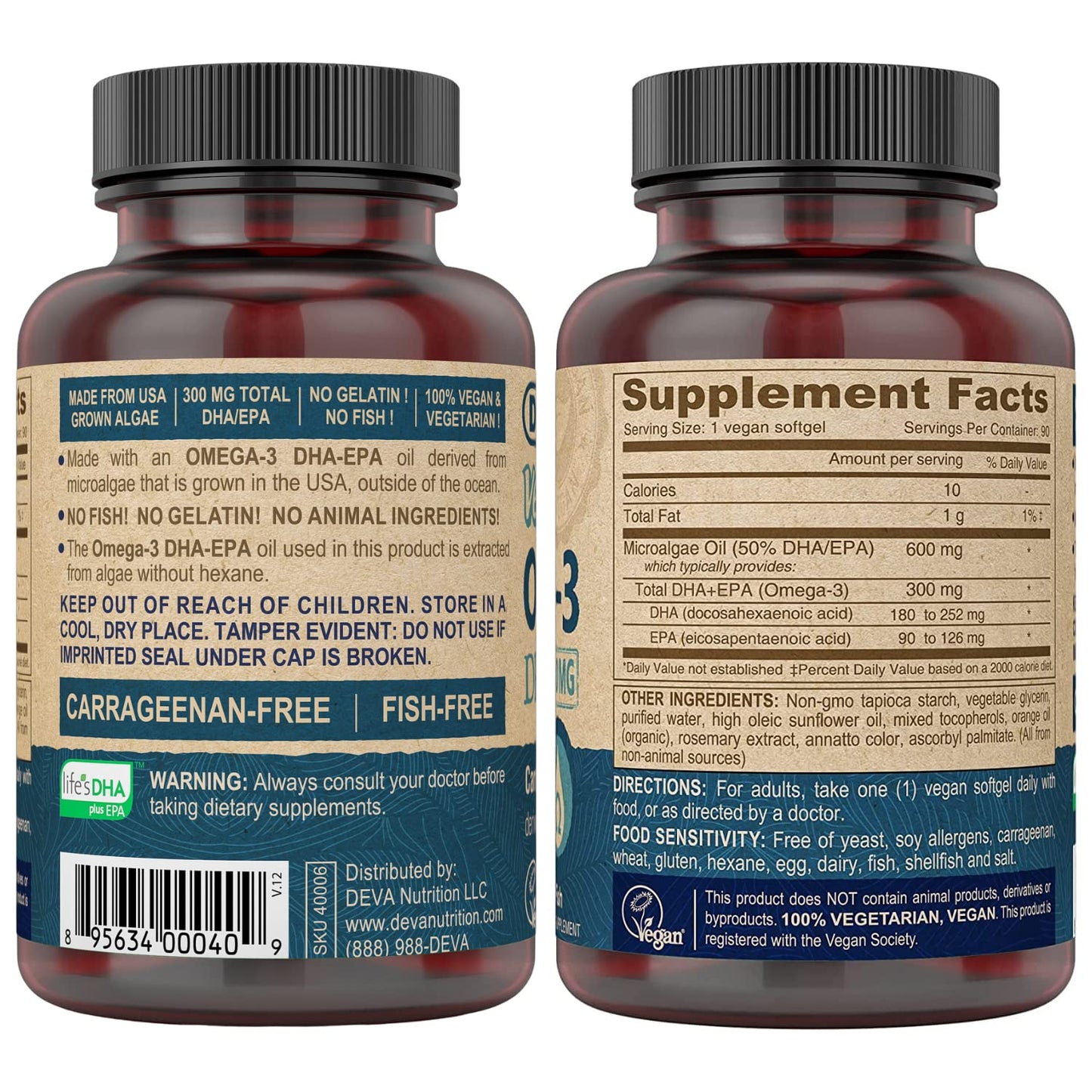 DEVA Vegan Omega-3 DHA-EPA Softgels - 300 mg DHA-EPA, 90 Count | Carrageenan & Gluten Free, Algae Oil