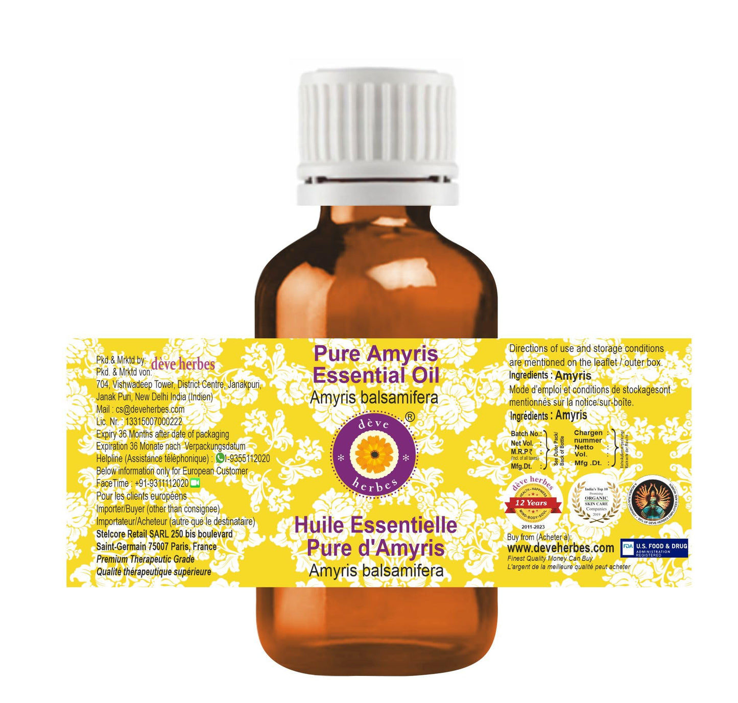Deve Herbes Pure Amyris Essential Oil - Steam Distilled 10ml (0.33 oz)