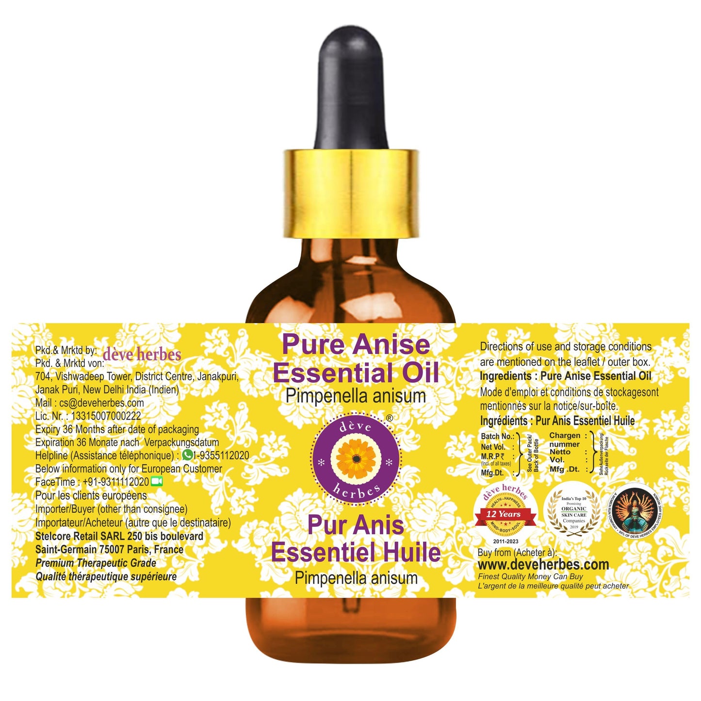 dève herbes Anise Essential Oil (Pimpinella anisum) with Glass Dropper | Pure | Non-Sticky | Non-Greasy | Lightweight | Men & Women | All Skin Types | Steam Distilled 30ml (1 oz)