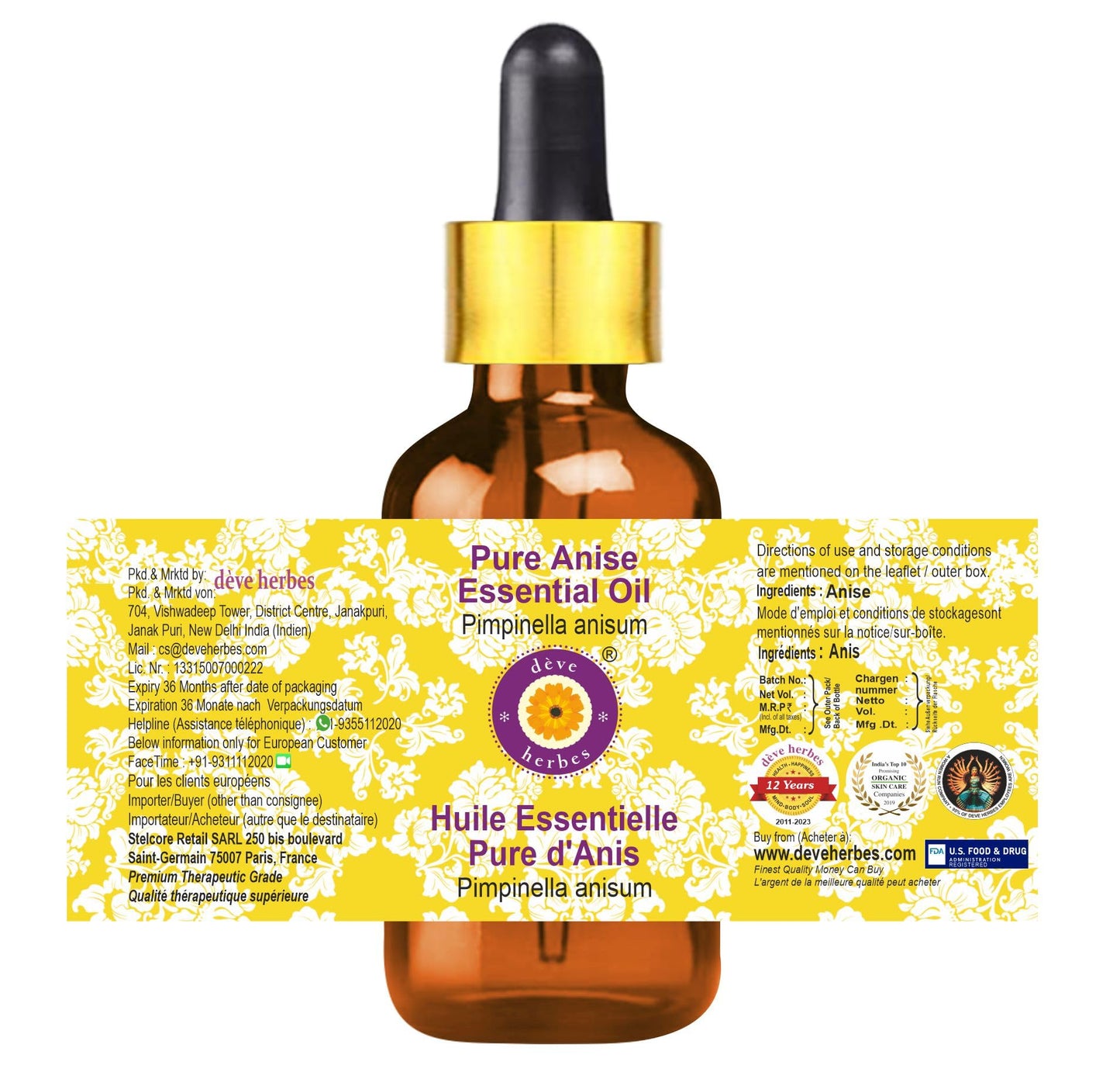 dève herbes Anise Essential Oil (Pimpinella anisum) with Glass Dropper | Pure | Non-Sticky | Non-Greasy | Lightweight | Men & Women | All Skin Types | Steam Distilled 30ml (1 oz)