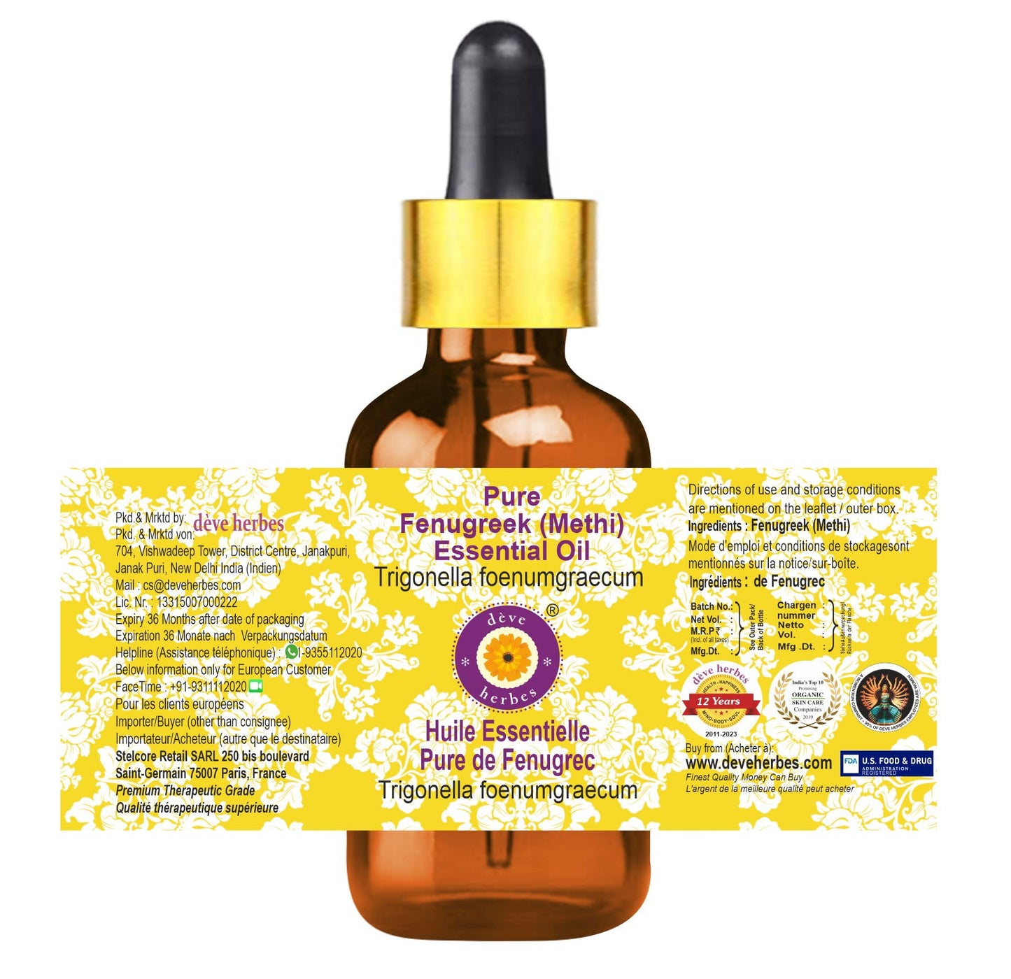 Deve Herbes Pure Fenugreek (Methi) Essential Oil – Steam Distilled, 50ml (1.69 oz) with Glass Dropper