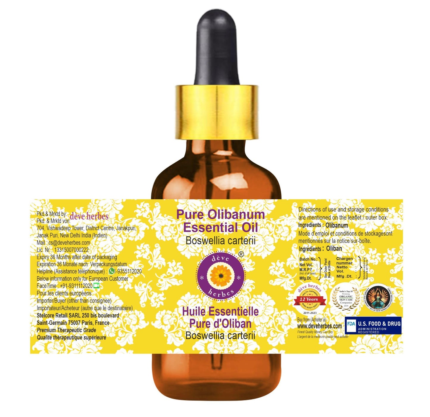 dève herbes Olibanum Essential Oil (Boswellia carterii) with Glass Dropper - 100ml x 2 | Pure, Steam Distilled