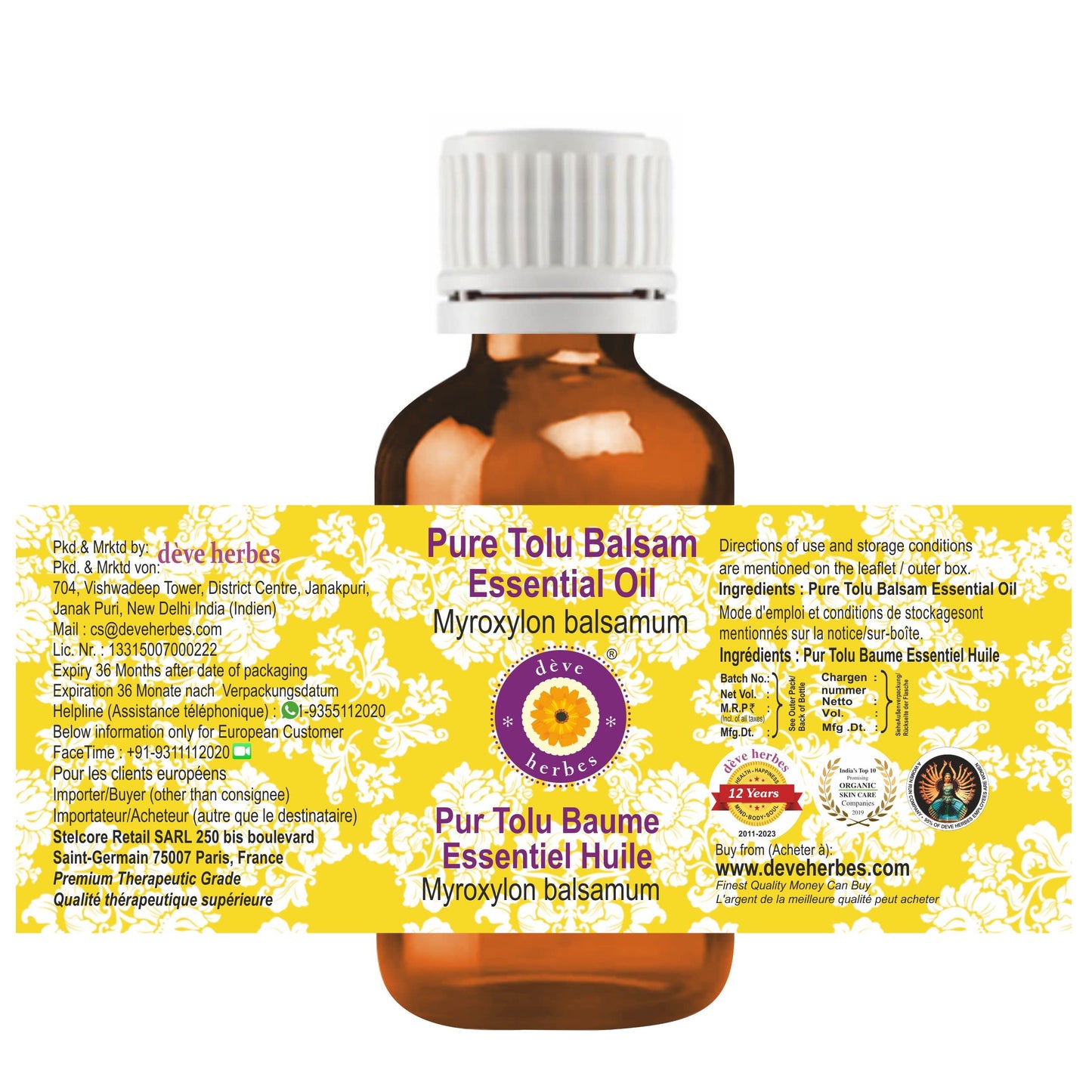 Deve Herbes Pure Tolu Balsam Essential Oil (Myroxylon balsamum) – 15ml | Steam Distilled