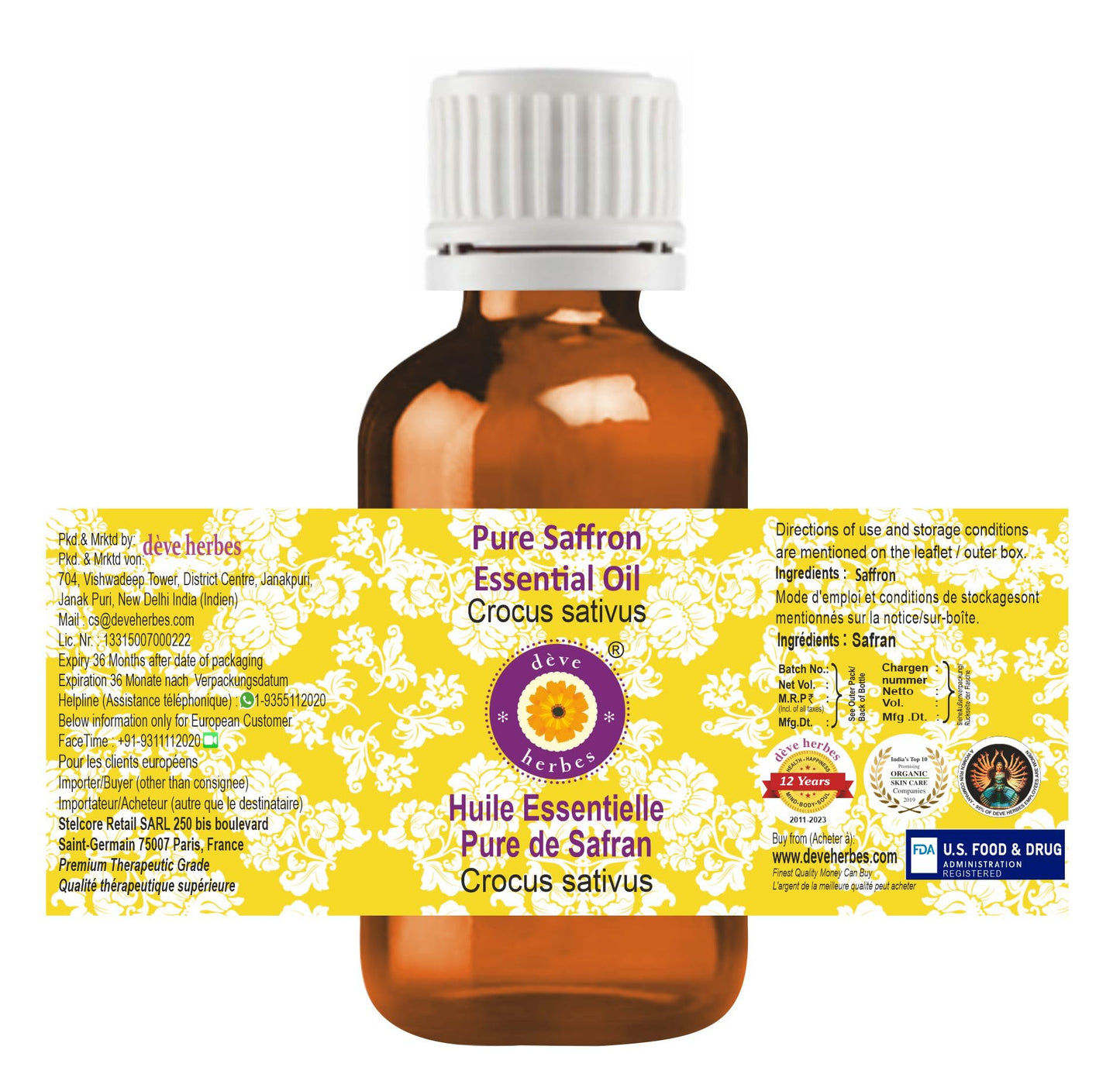 dève herbes Saffron Essential Oil (Crocus sativus) - Pure, Lightweight 5ml - Non-Sticky, Non-Greasy - All Skin Types