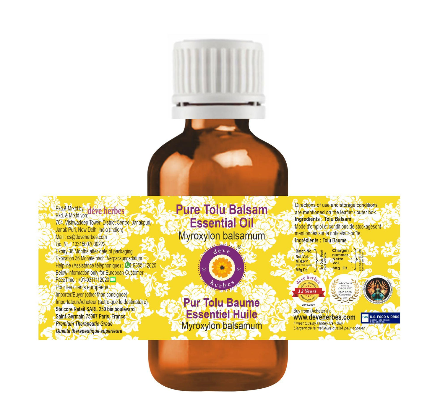dève herbes Tolu Balsam Essential Oil (Myroxylon balsamum) Pure | 10ml | Steam Distilled | Rich Aroma
