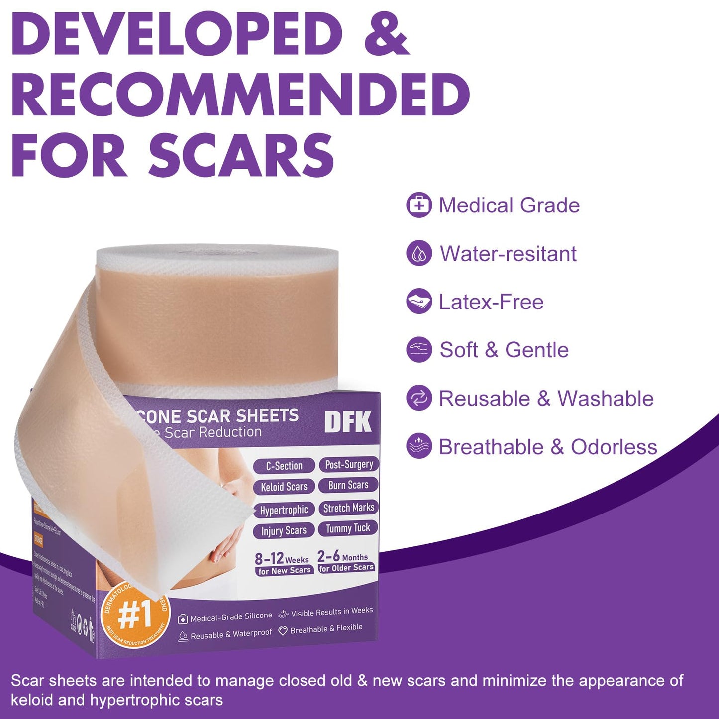 DFK Silicone Scar Sheets & Tape – Reusable Soft Hospital-Grade Silicone (1.6x79 in Roll)