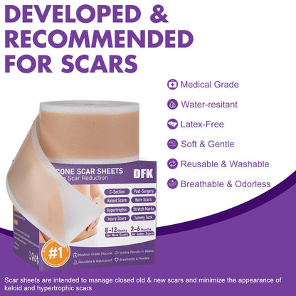 DFK Silicone Scar Sheets & Tape – Reusable Soft Hospital-Grade Silicone (1.6x79 in Roll)